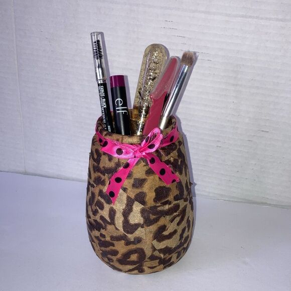 Makeup Brush Hair Brush Pen Pencil Display Cheetah Leopard Storage Jars Set of 2 - Picture 3 of 11